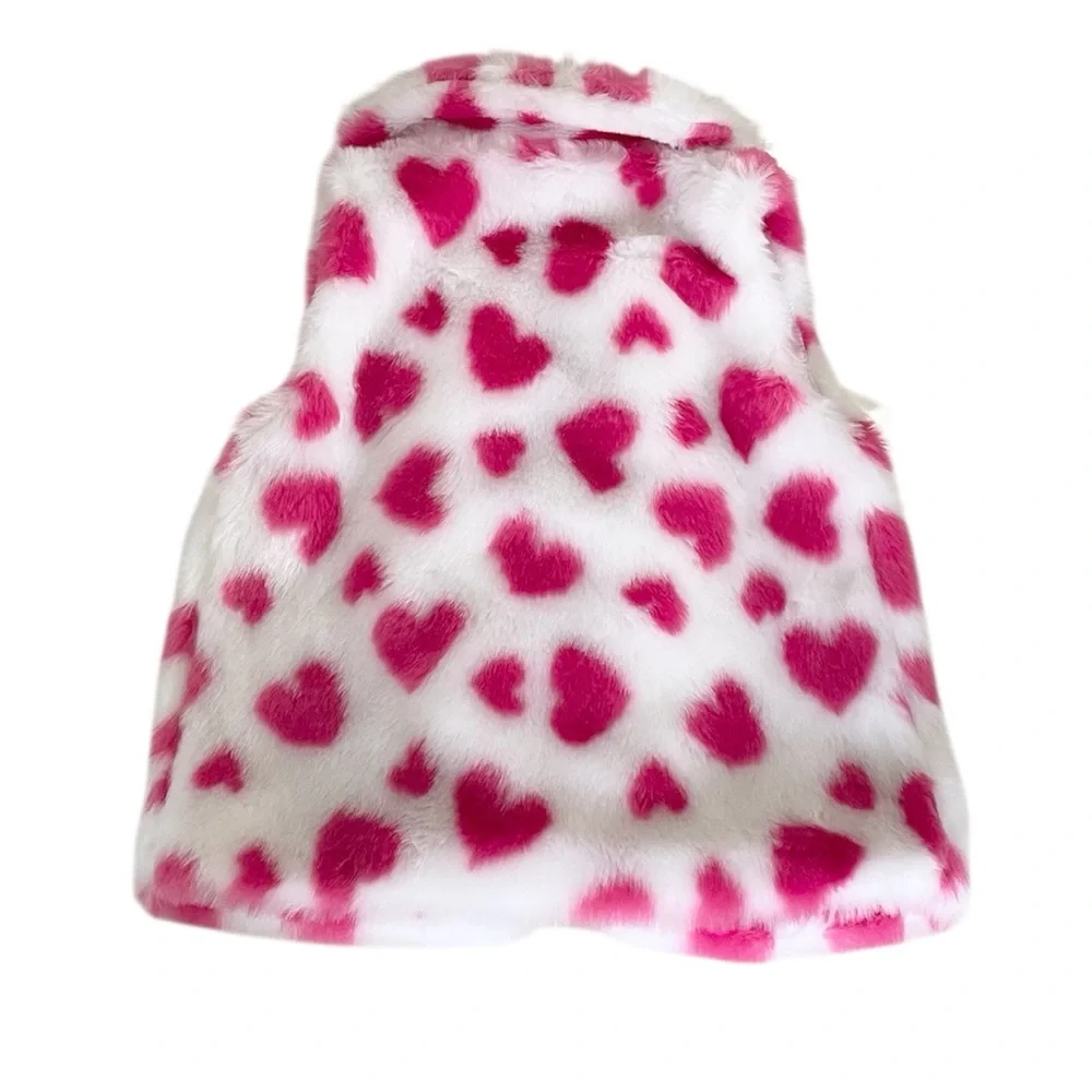 Max Studio Kids Hot Pink and White Faux Fur Heart Pattern Open Vest Girl’s 4 XS